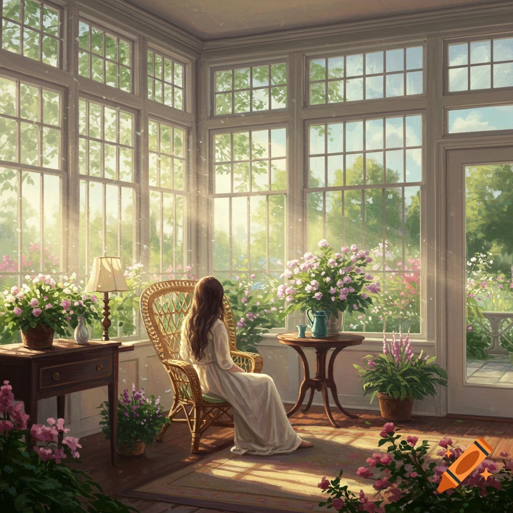 A woman sits in a sunroom filled with sunlight and plants.