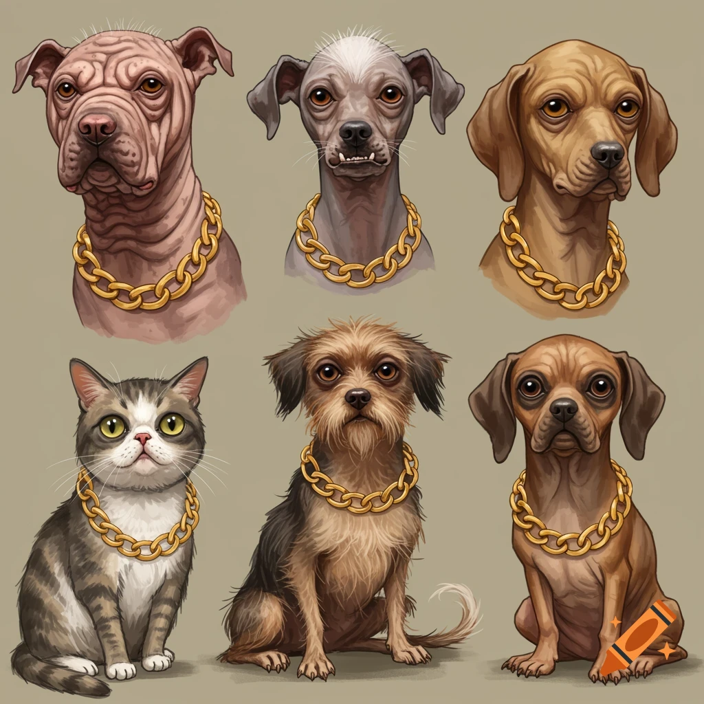 Illustrations of five dogs and one cat wearing gold chains