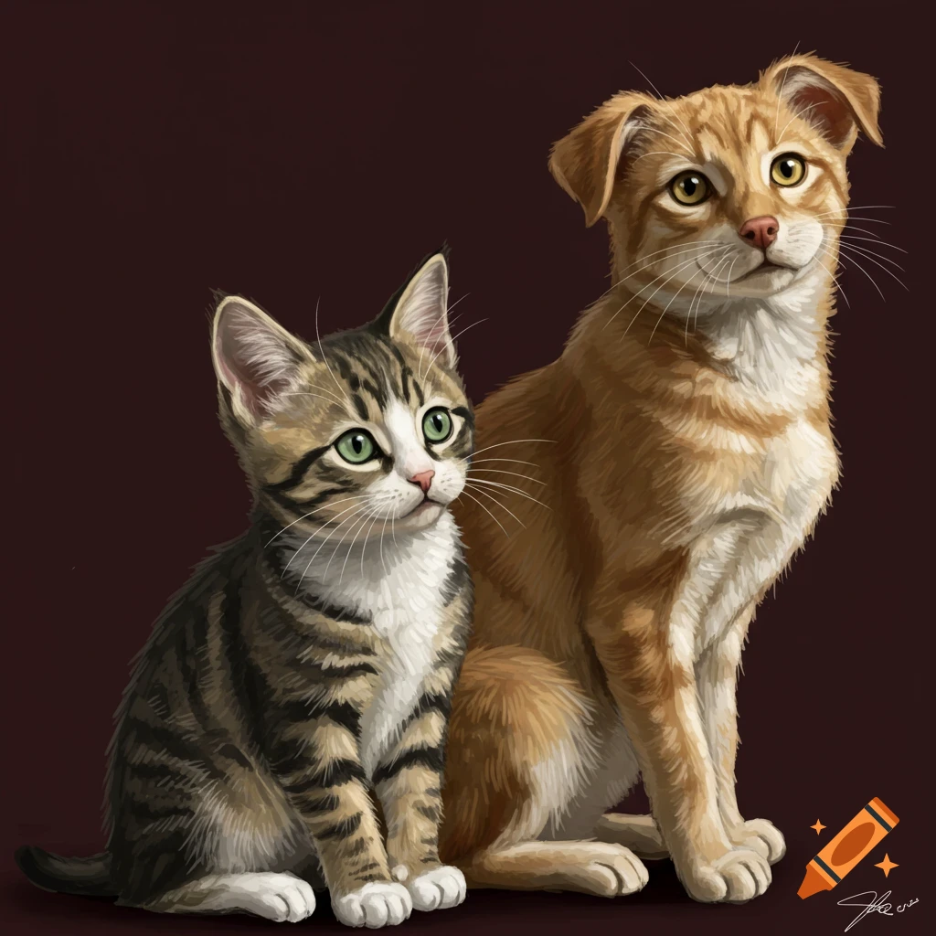 A tabby kitten sitting next to an orange dog.
