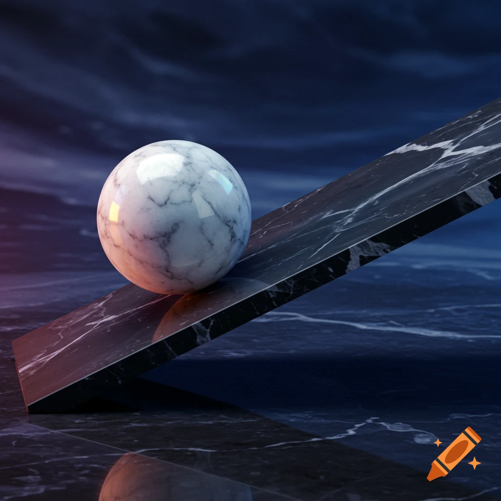 A white marble sphere rests on a dark black marble ramp under a cloudy sky, with reflections on a dark marble surface below.