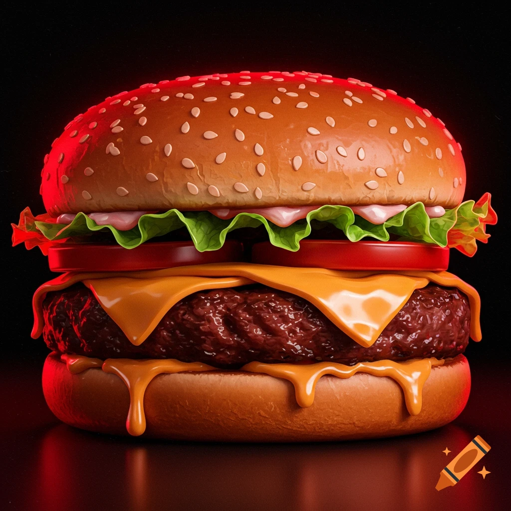 A detailed burger with cheese, lettuce, and tomato, lit with red light on a dark background.