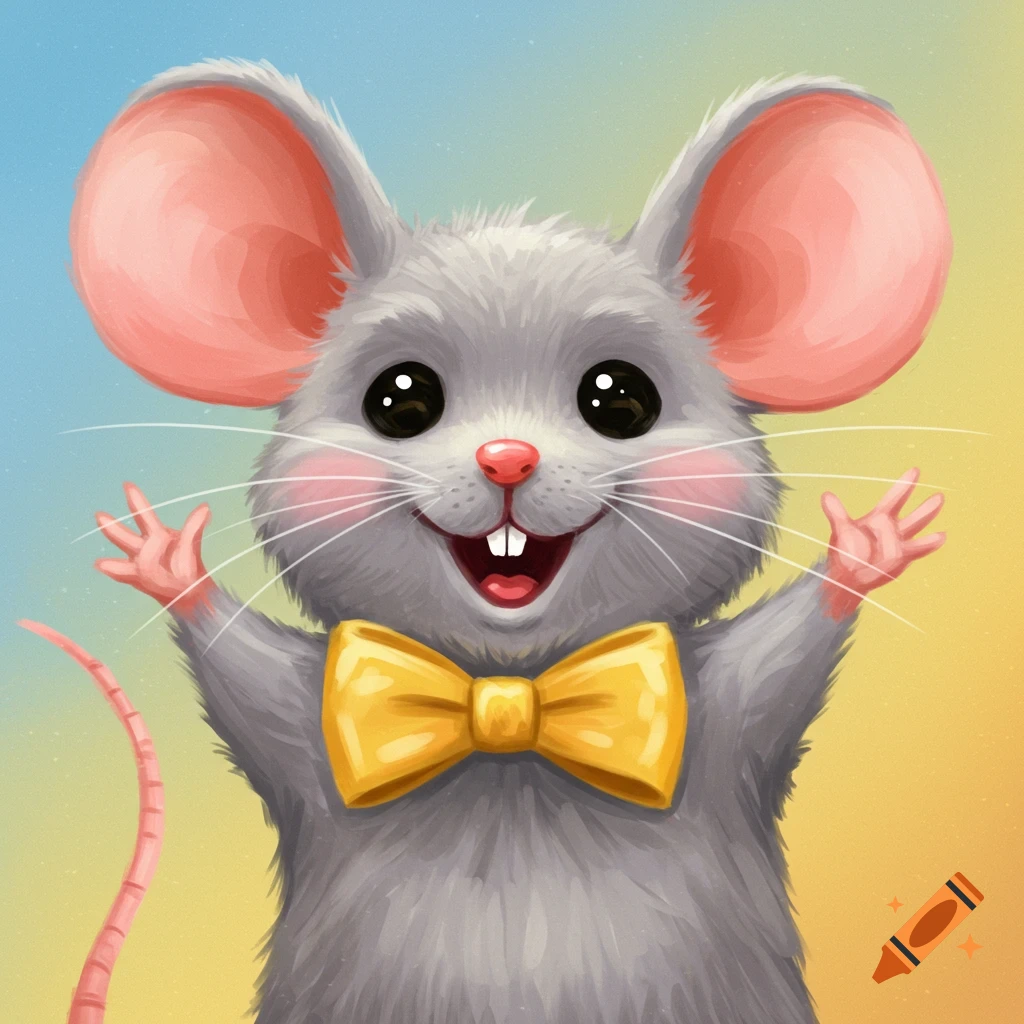 A cartoon mouse with a yellow bowtie smiles and raises its paws, on a colorful background.