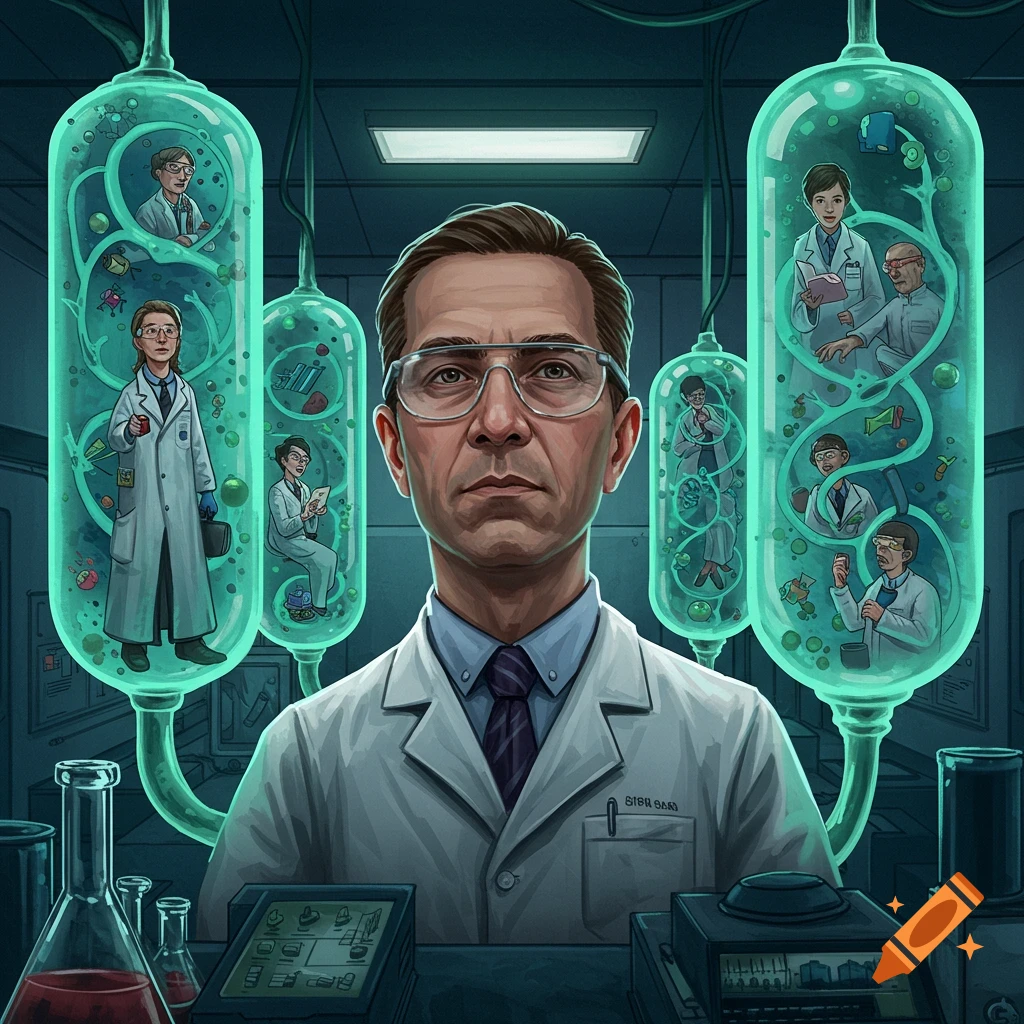 An illustration of a scientist in a lab with glowing growth tubes containing smaller figures.