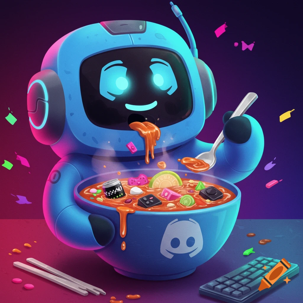 Cartoon blue robot eating soup filled with computer components and candy.