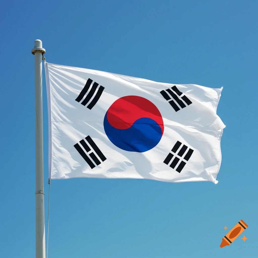 South Korean flag flying against a blue sky.