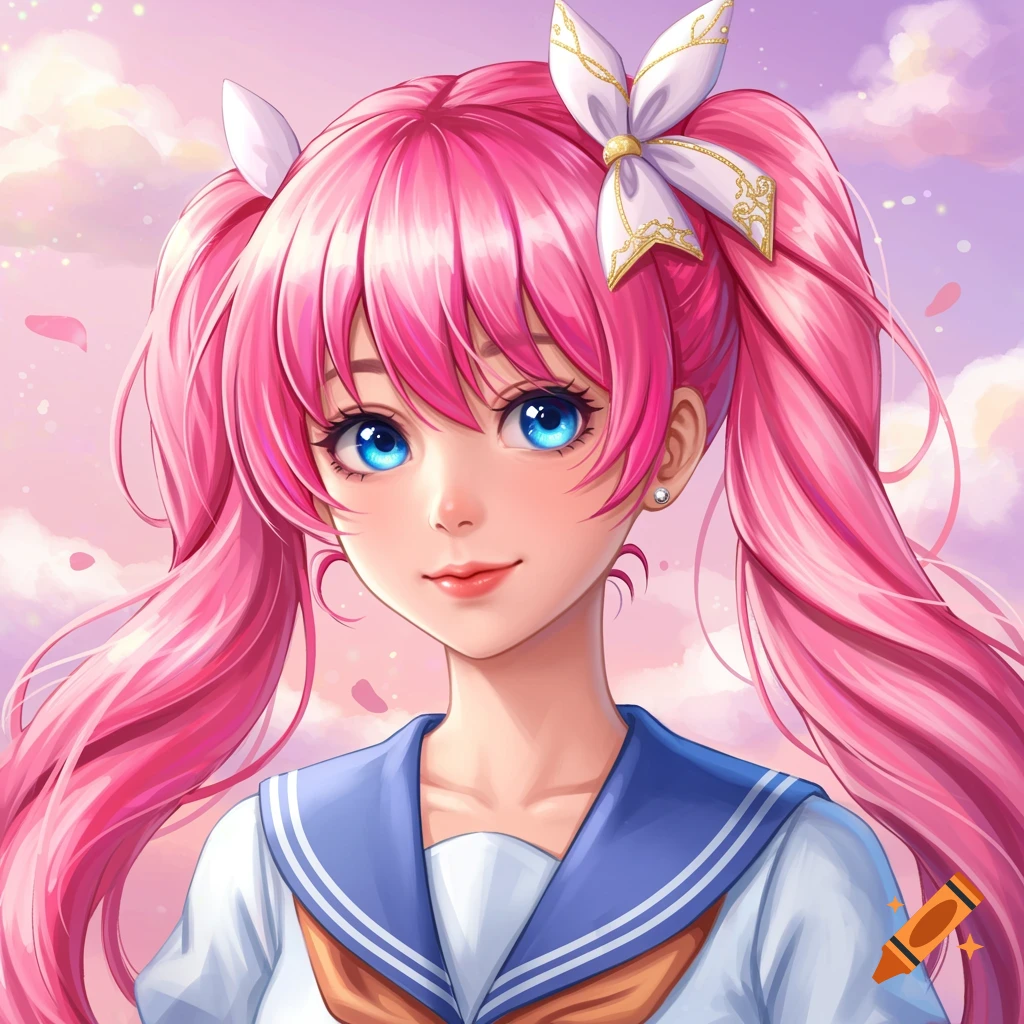 Anime portrait of a girl with pink pigtails, blue eyes, and a sailor uniform against a sky background.