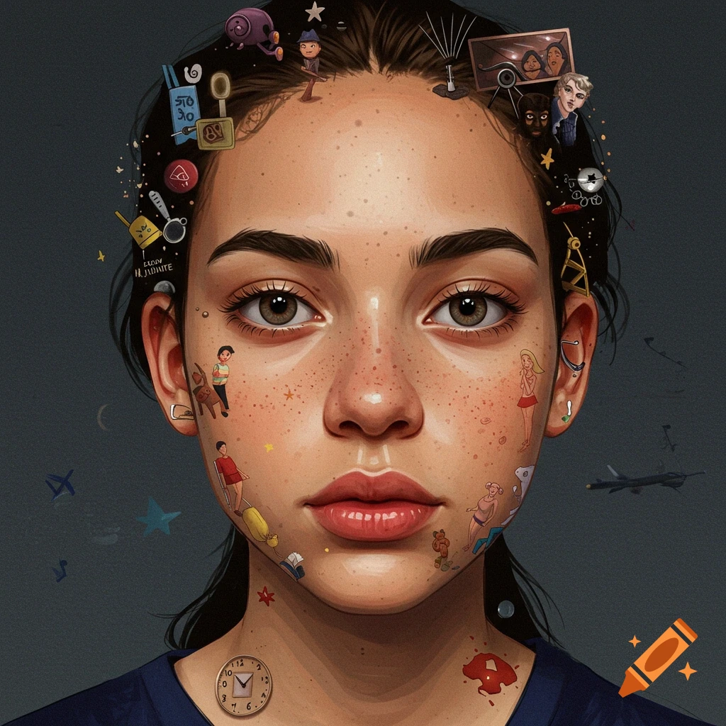 Close-up illustration of a young person's face with small symbolic objects scattered on skin and hair.