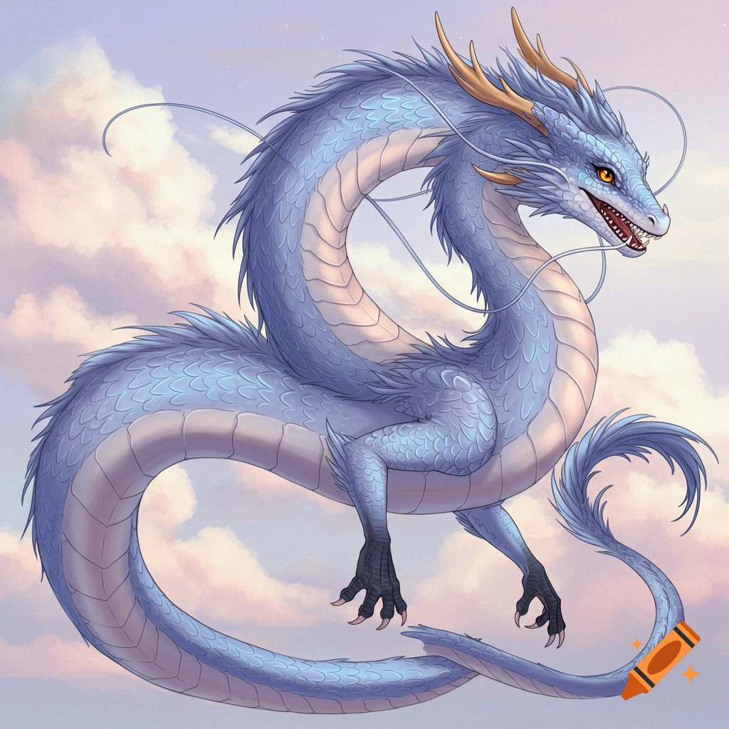 A long blue dragon floats in the sky among clouds.