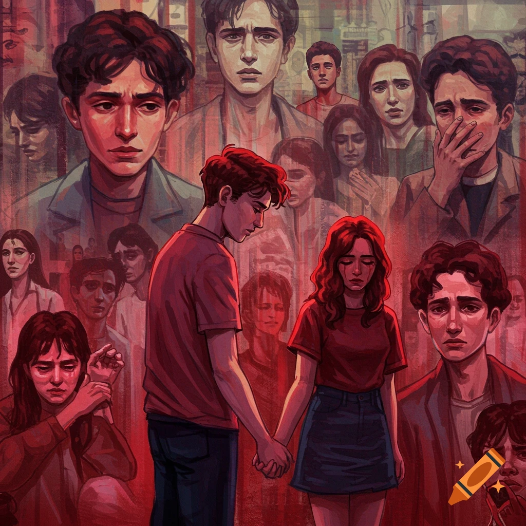 Stylized illustration of a couple holding hands surrounded by other people with sad and fearful expressions in red tones.