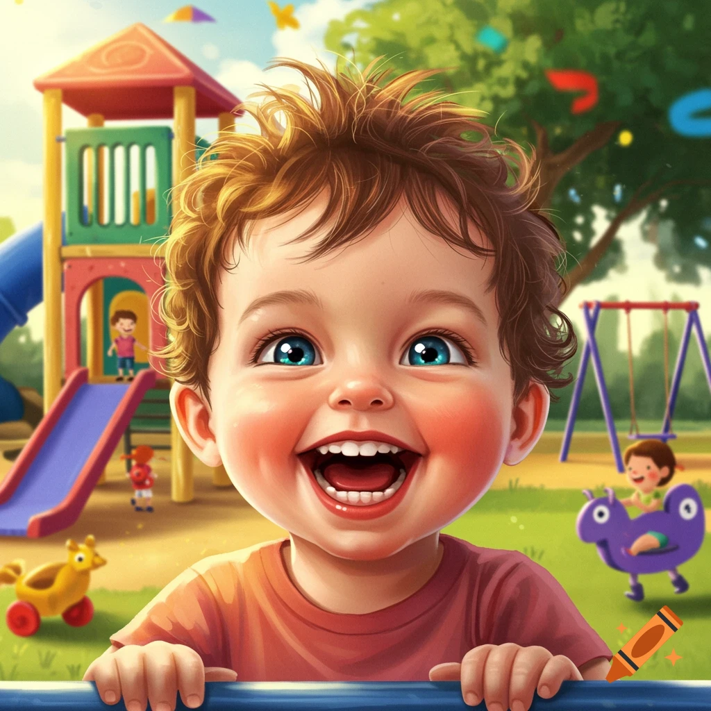 Illustration of a happy toddler smiling in a playground