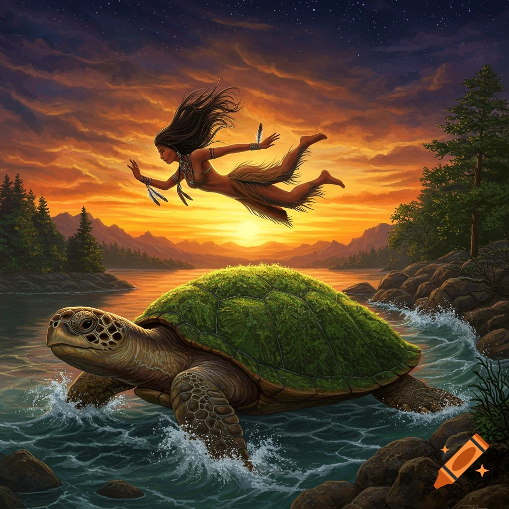A woman flies above a large turtle swimming in a lake at sunset under a starry sky in a fantasy art style.