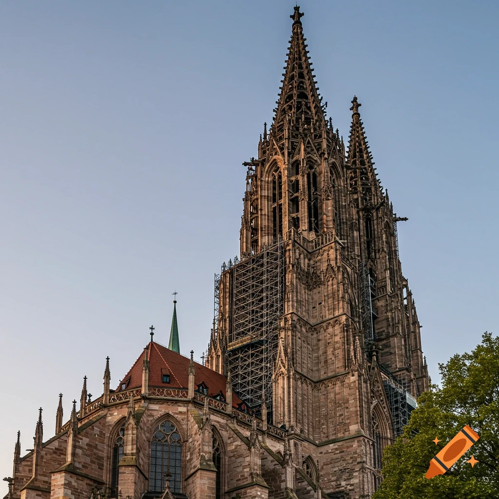 A tall stone cathedral tower with scaffolding against a blue sky.