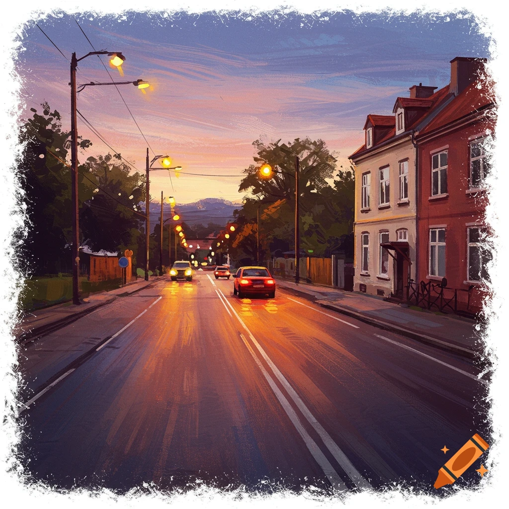 A street scene at sunset with cars and buildings in a painting style.