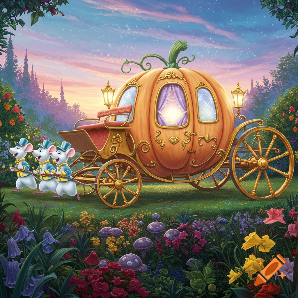 A pumpkin carriage pulled by three mice in a magical garden setting at dusk.