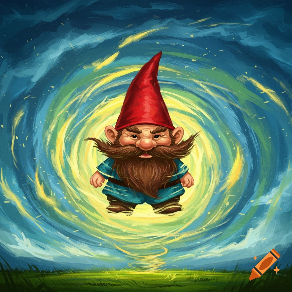 A cartoon gnome stands in a swirling vortex of light and color.