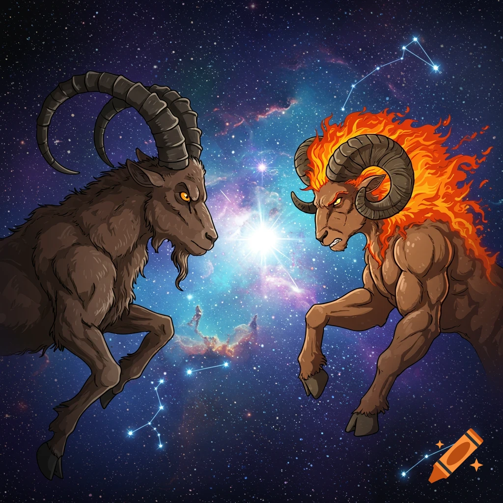 Cartoon illustration of Capricorn and Aries fighting in space.