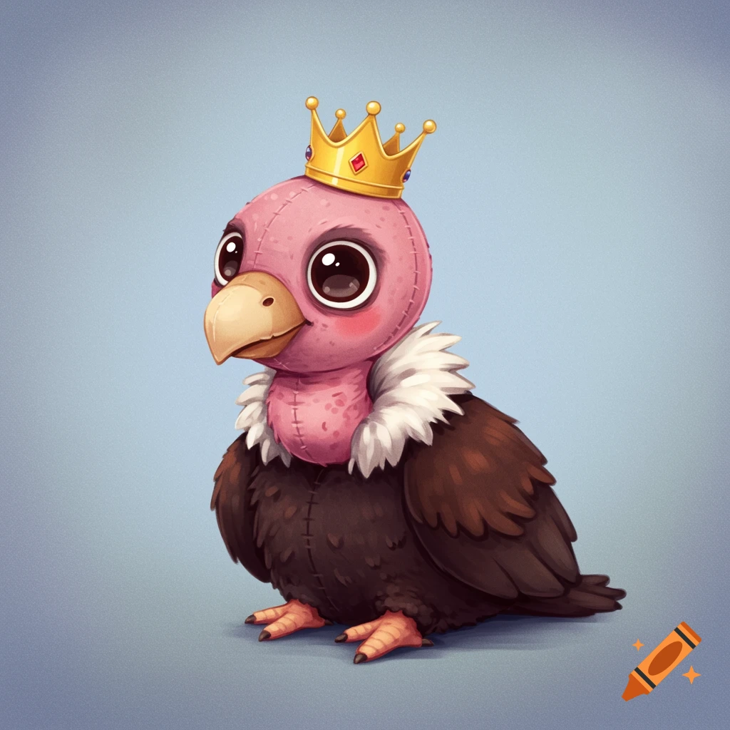 Illustration of a cute vulture stuffed animal wearing a gold crown.