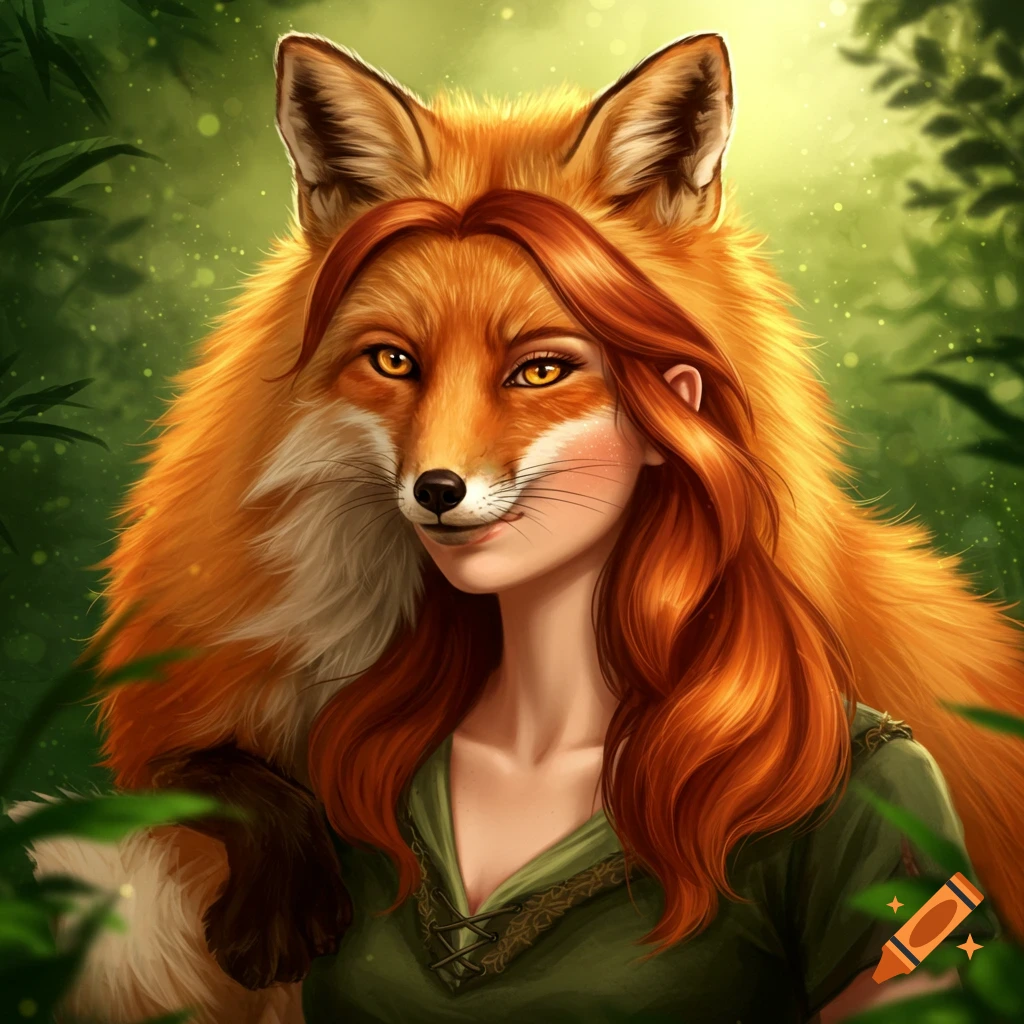 Digital illustration of a woman with red hair and a fox head/pelt, in a forest.