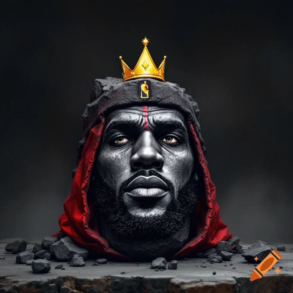 Sculptural bust of LeBron James made of dark rock wearing a red hood and gold crown.