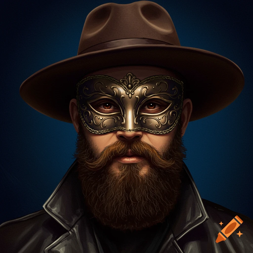 Portrait of a man with a beard wearing a hat and a decorative mask.