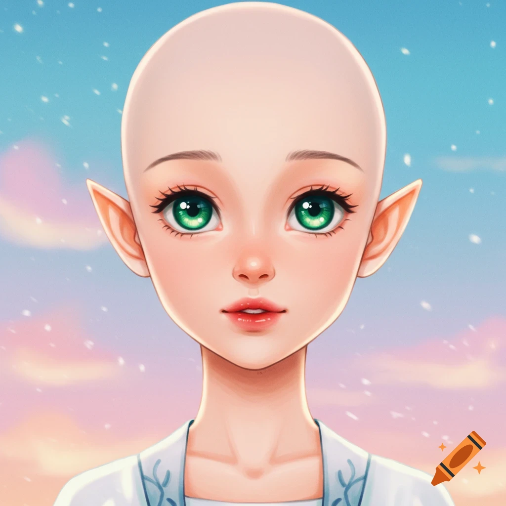 A bald anime girl with elf ears and large green eyes looks forward against a sky background.
