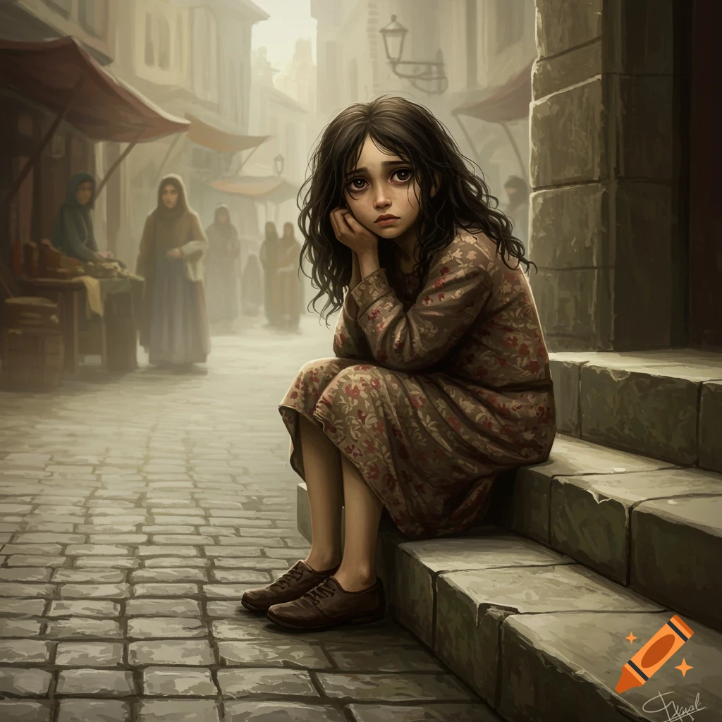 A sad girl sits on stone steps in a bustling, foggy historical market street illustration.