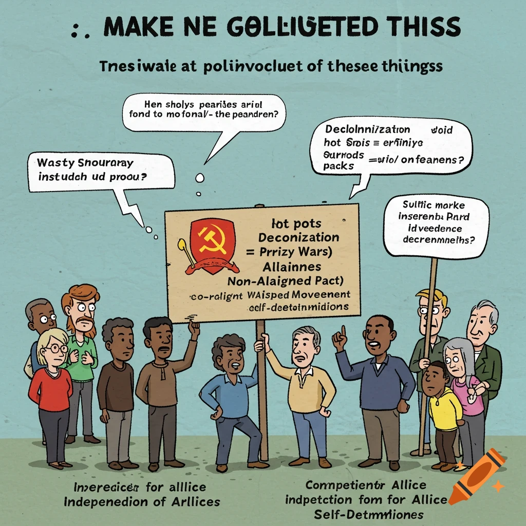 Political cartoon about cold war decolonization and alliances on craiyon