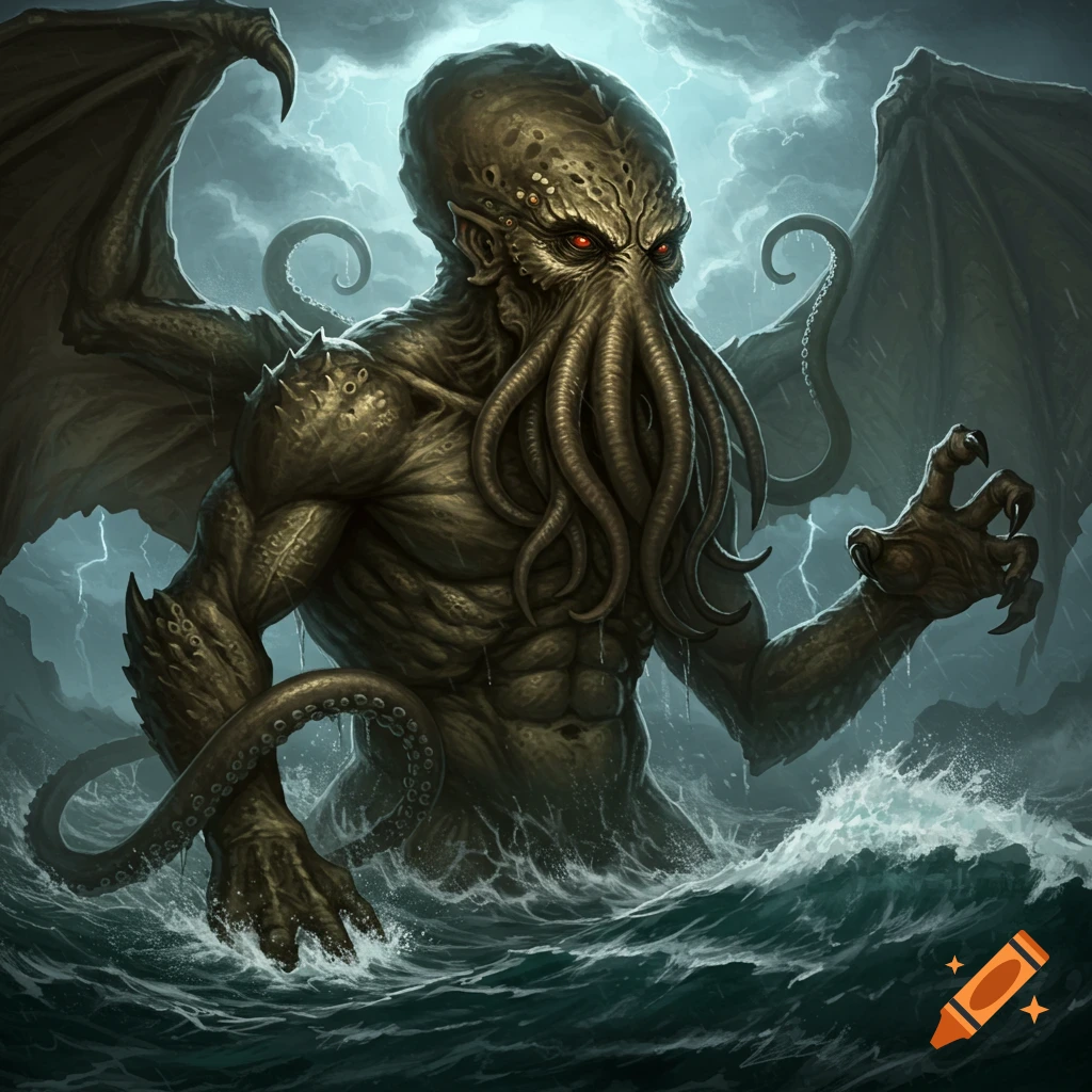 Cthulhu, a massive monster with a tentacled face and wings, rises from stormy seas with lightning.