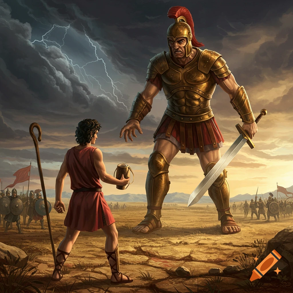 Illustration depicting David facing the giant Goliath before a battle.