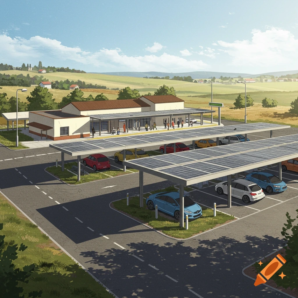 A rural light-rail station with a parking lot covered by solar panel carports.