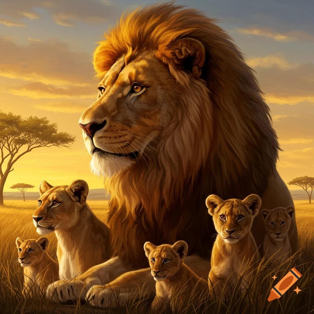 A male lion, lioness, and cubs sit together in a savanna landscape at sunset.