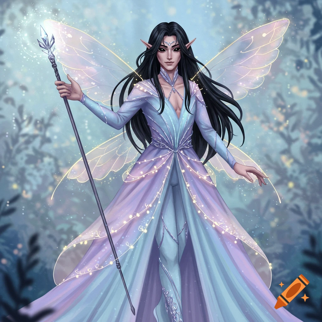 Illustration of a male fairy or elf with dark hair and wings, holding a staff, wearing a pastel purple and blue outfit in a forest.