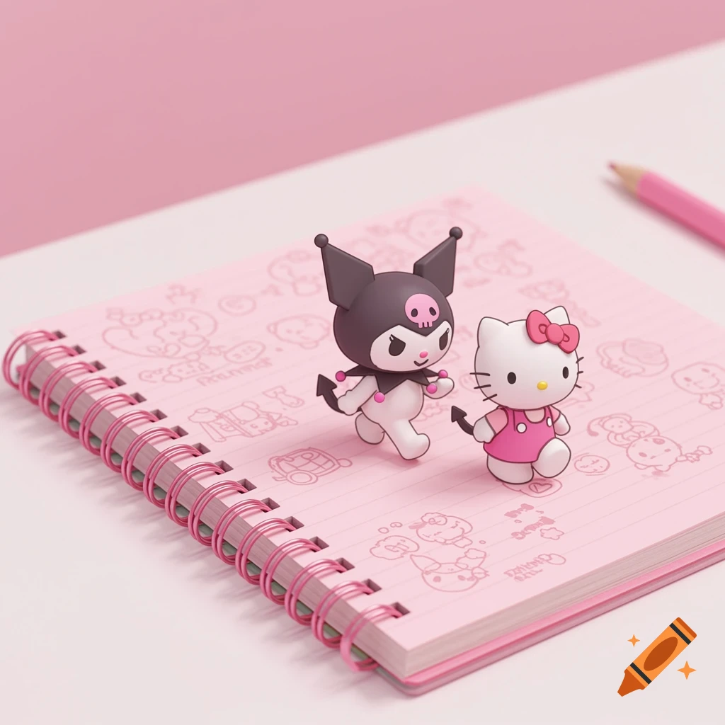 Hello Kitty and Kuromi figures walk across a pink spiral notebook with doodles, next to a pink pencil.