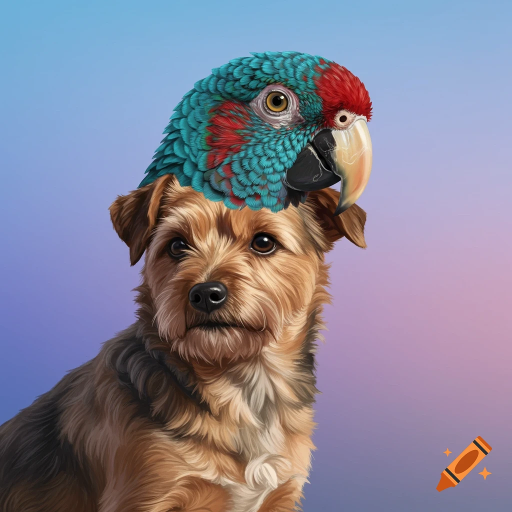 An illustration of a brown dog with a blue and red parrot head on top.