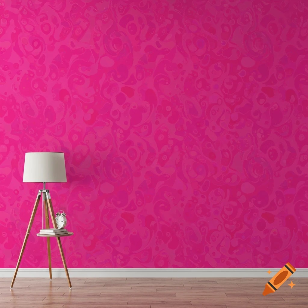 A room corner with patterned pink wallpaper, a floor lamp, books, and a clock on a table.