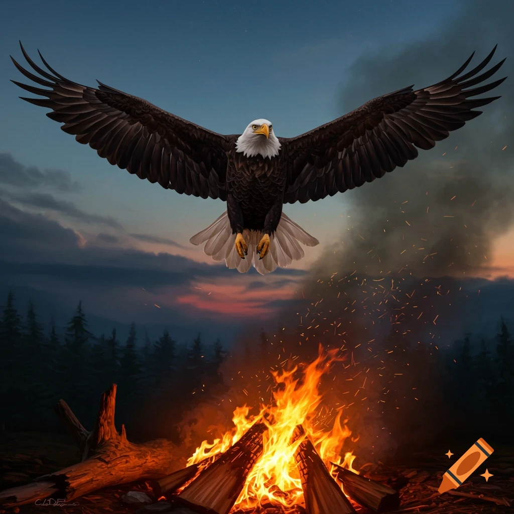 A bald eagle with outstretched wings flies above a roaring campfire at dusk.