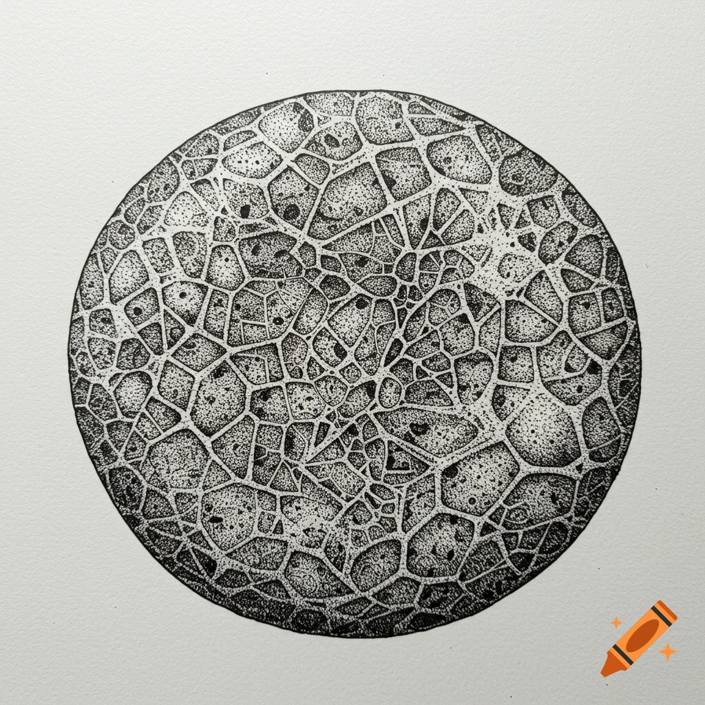 Black and white stippling and line drawing of a textured sphere.