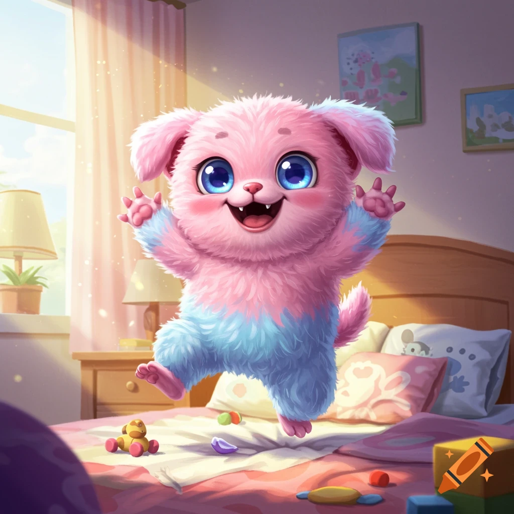 A fluffy pink and blue creature jumps on a bed in a bright, stylized bedroom.