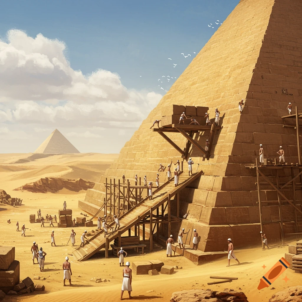 Workers construct a massive pyramid in the desert using ramps and scaffolding.