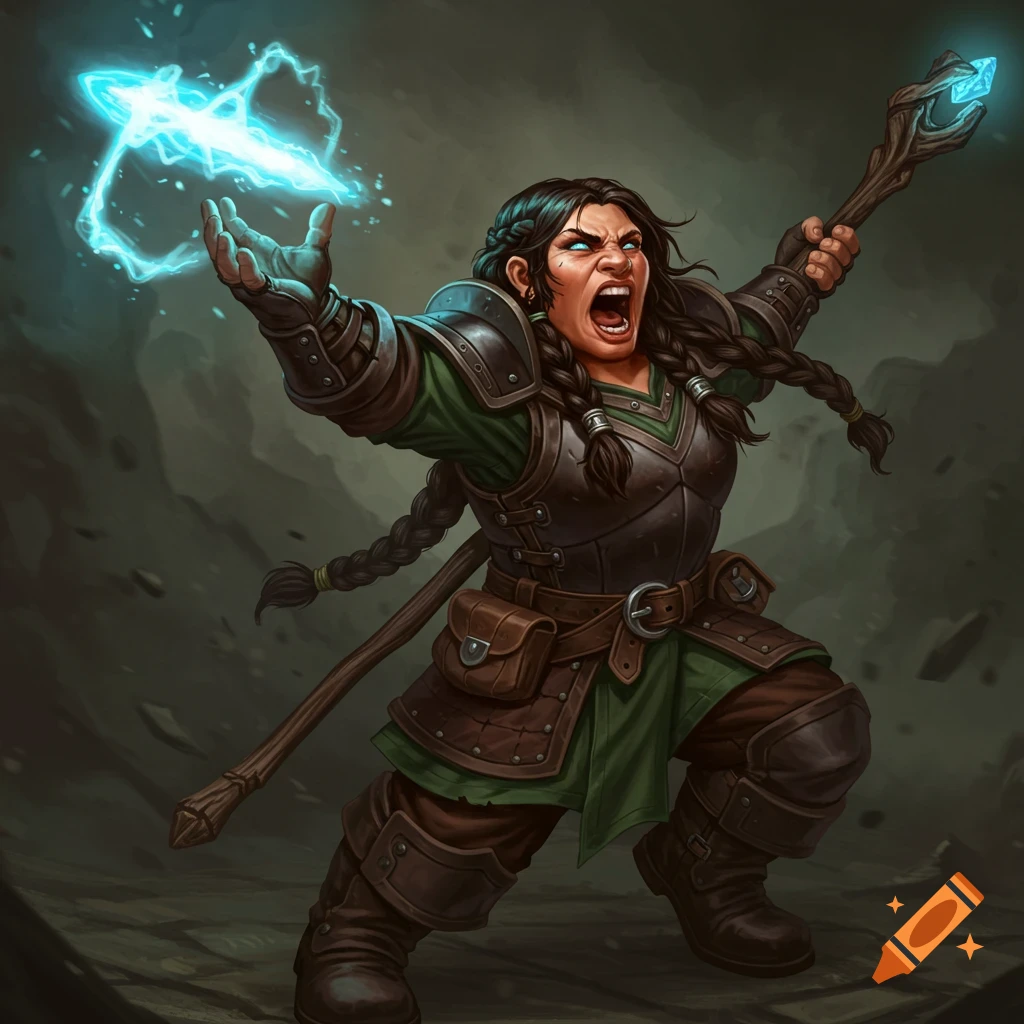 Dwarf woman casting a blue spell, holding a wizard staff, in a fantasy illustration style.