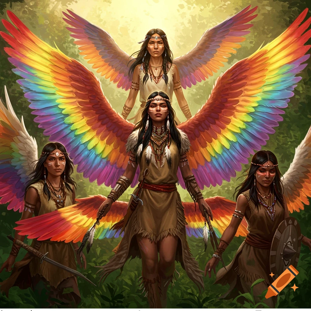 Four women with rainbow and white wings wear native clothing in a sunlit forest.