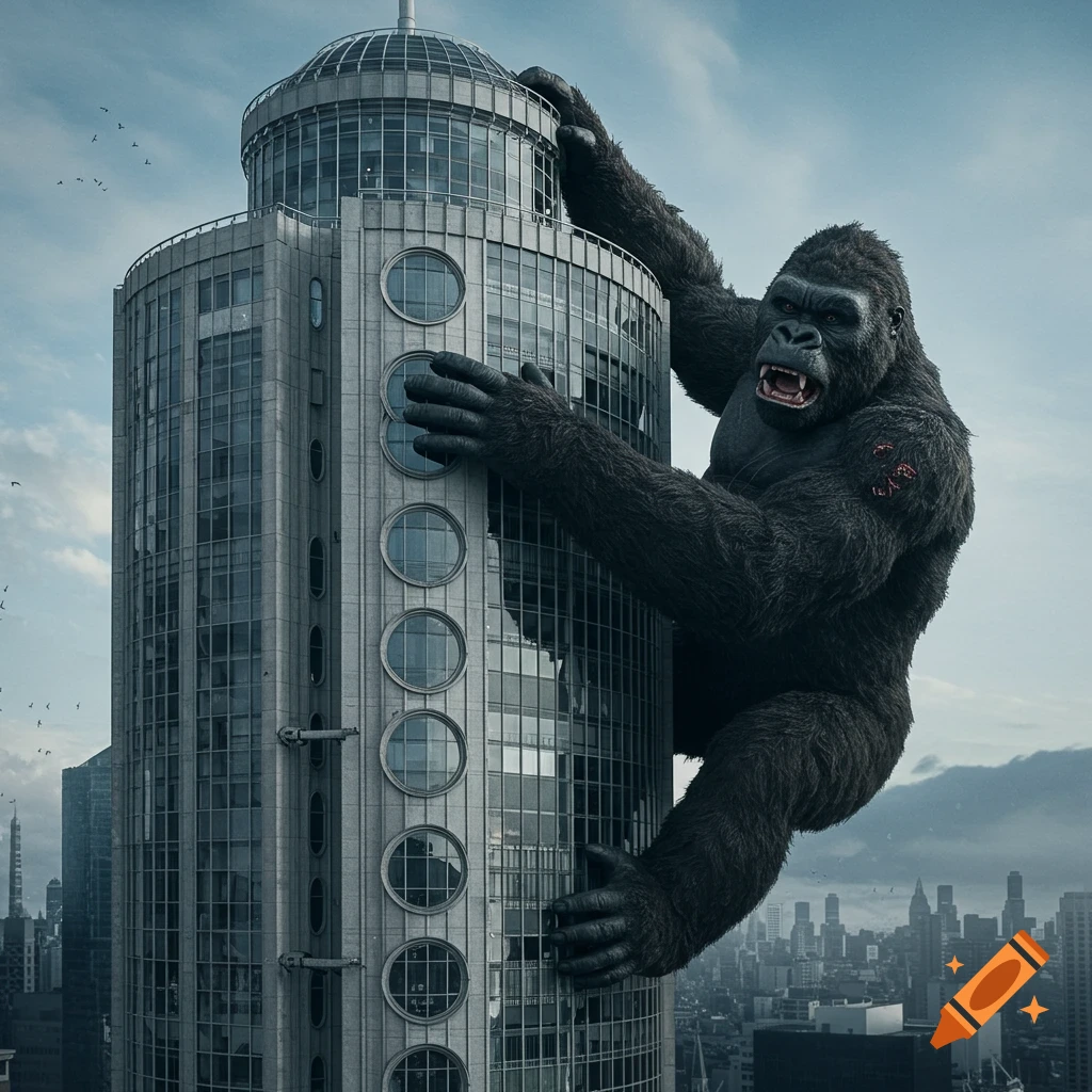 Giant gorilla climbs a skyscraper with circular windows in a city.