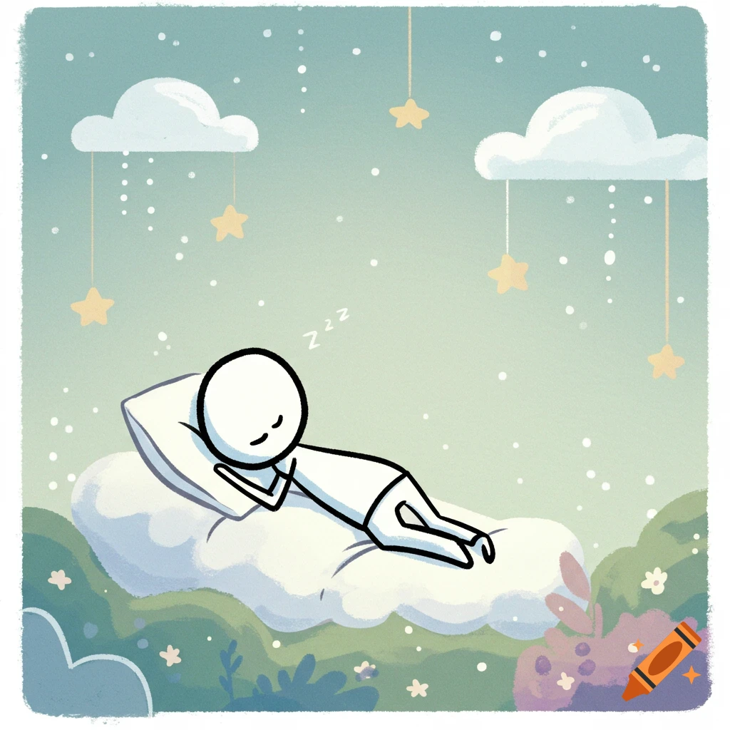 Simple illustration of a stick figure person sleeping on a cloud surrounded by stars and plants.