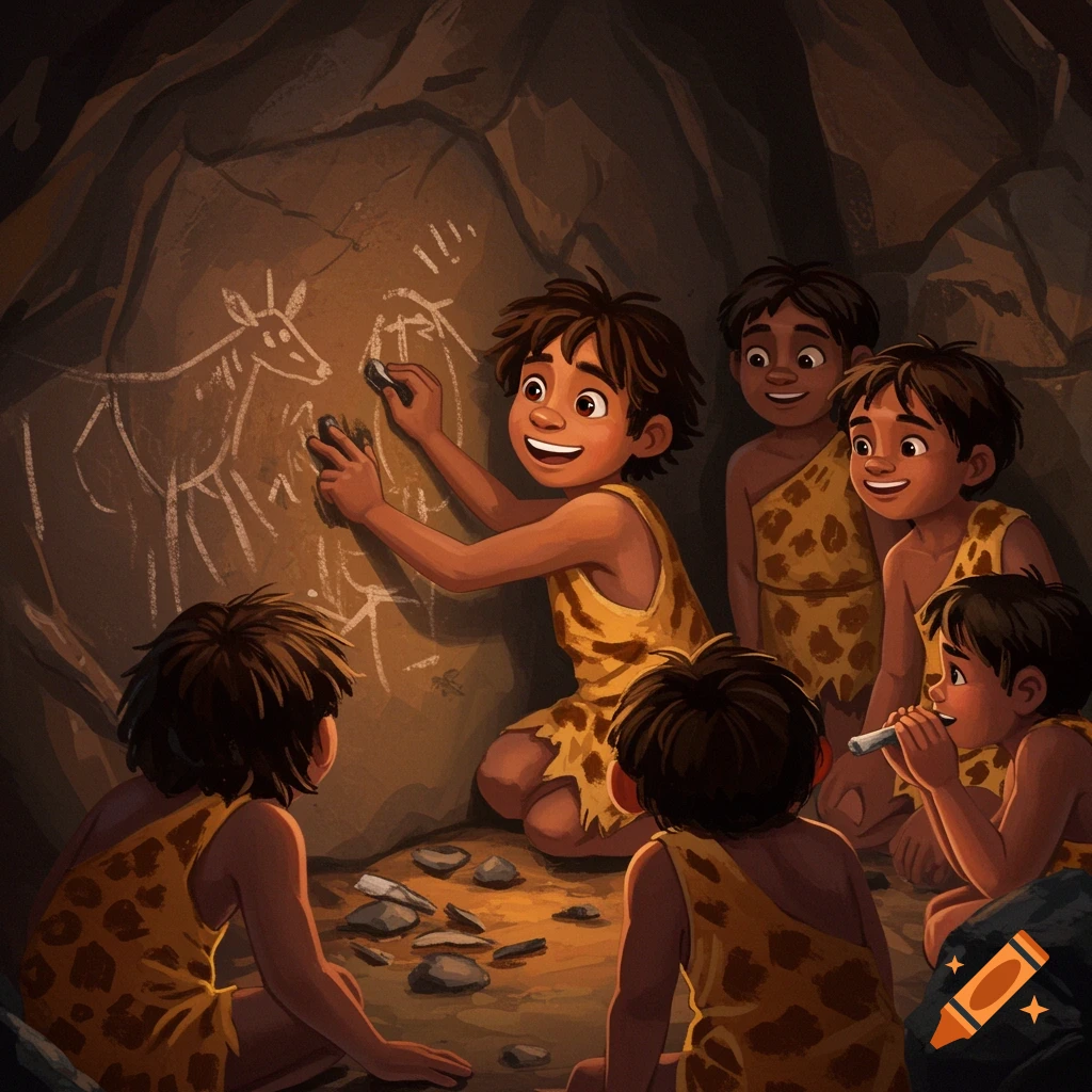 Young cave children draw a prehistoric animal on a cave wall, illustration.