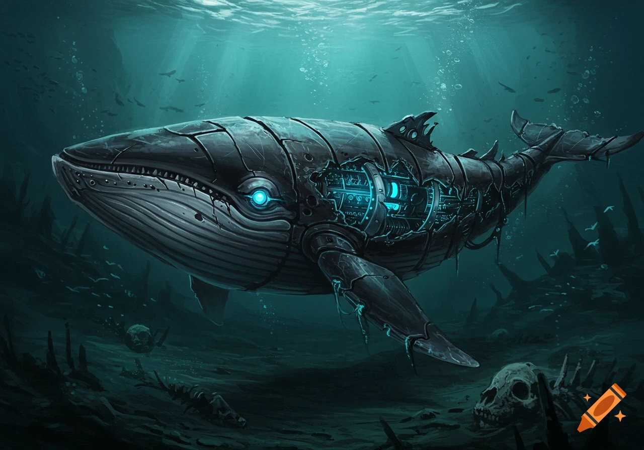 A mechanical whale swims through a dark underwater scene filled with skeletal remains.