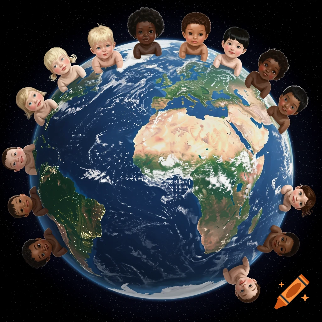 Babies of various ethnicities circle the Earth in space.