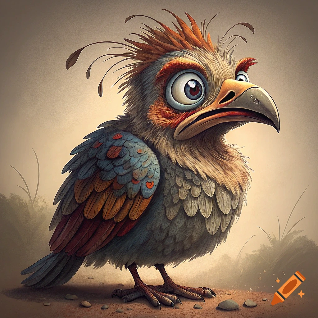A funny, cartoonish bird with big eyes and spiky head feathers stands on the ground.