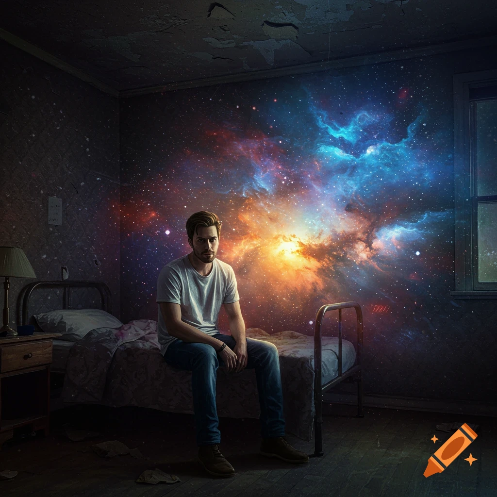A man sits on a bed in a room where one wall shows a vibrant galaxy.