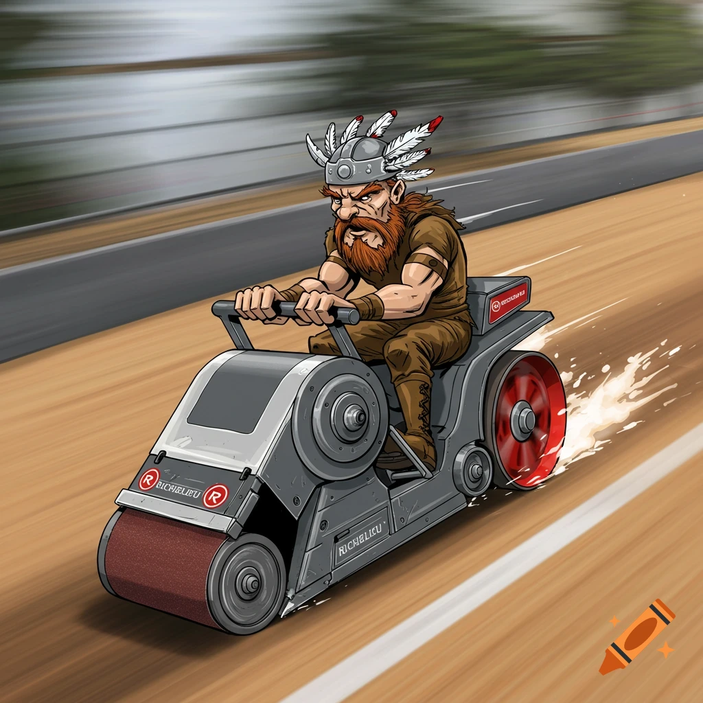 Cartoon viking rides a belt sander race car on a track