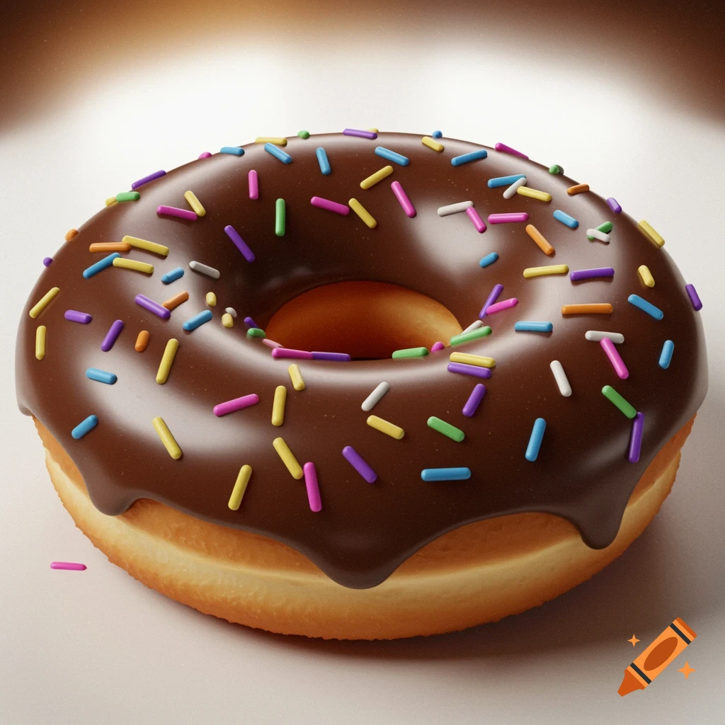 A close-up of a chocolate frosted donut covered in colorful sprinkles.